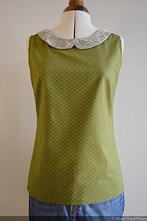 Top/T-Shirt féminin, romantique, tissu japonais, col claudine en dentelle écru, vert, taille 38/40