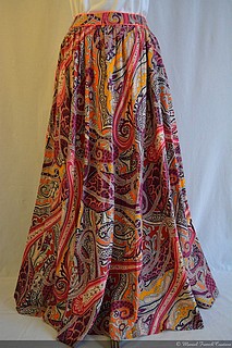 Maxi jupe longue très féminine, bohème, motif cachemire, corail, rose, jaune, taille 38/40